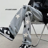 Men Jeans Five-Pointed Star Ripped Jeans Men's Spring Loose Straight Wide-Leg Pants